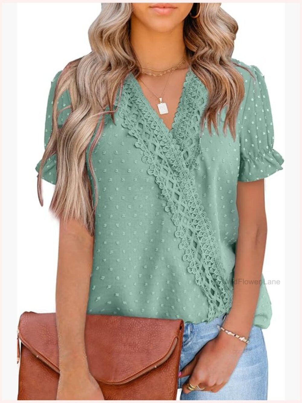 V Neck Chiffon Blouse with Pom Poms Dressy Casual Short Sleeve Top